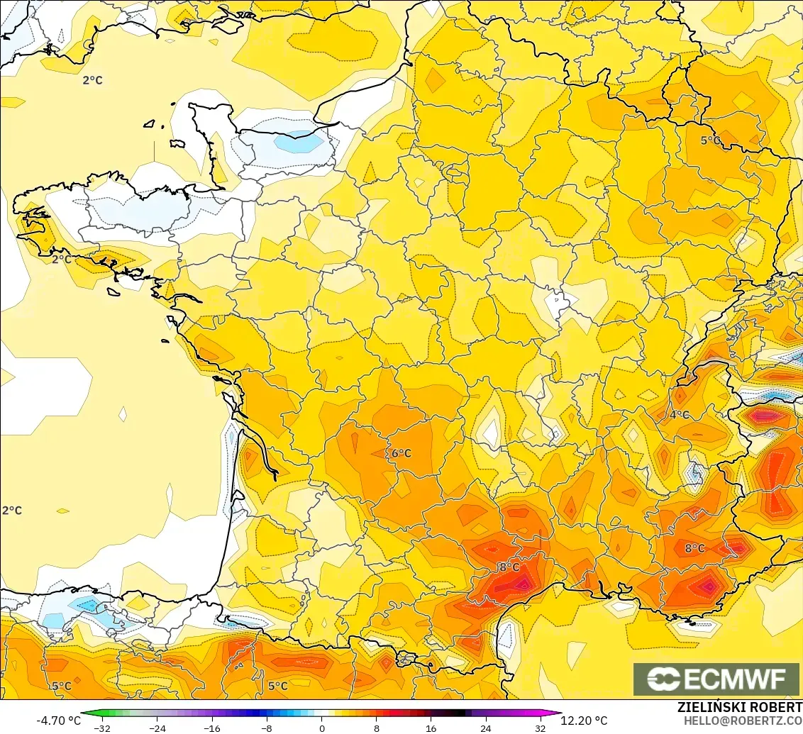 ECMWF IFS 0.25° modelo - Francia, Anomalía de temperatura a 2 m