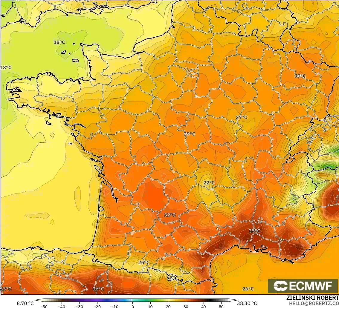 ECMWF IFS 0.25° modelo - Francia, Temperatura a 2 m