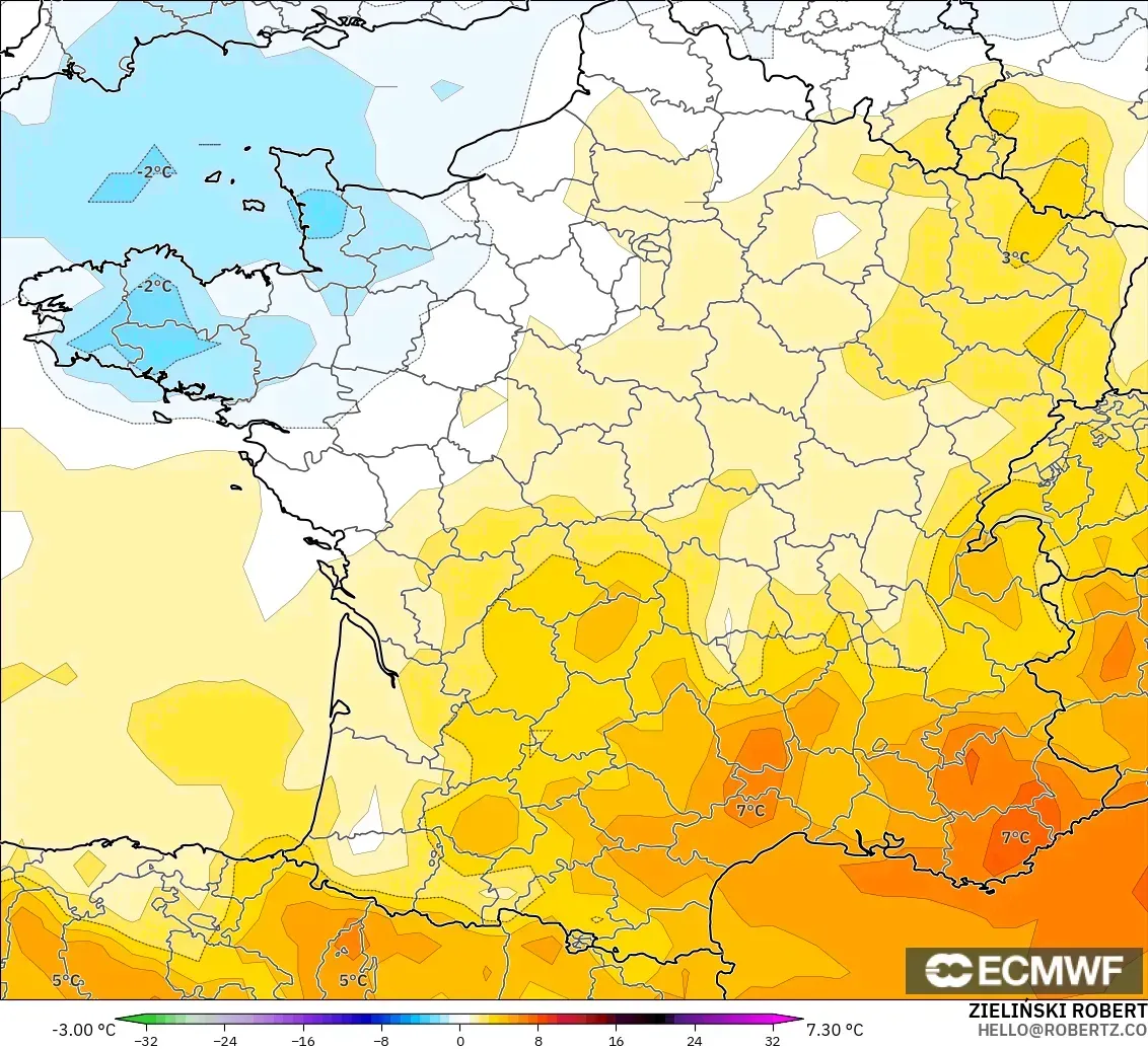 ECMWF IFS 0.25° modelo - Francia, Anomalía de temperatura a 850 hPa