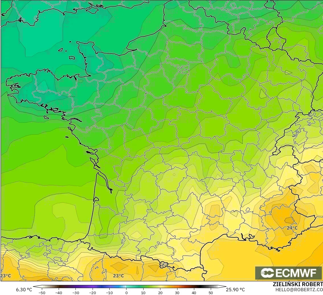 ECMWF IFS 0.25° modelo - Francia, Temperatura a 850 hPa