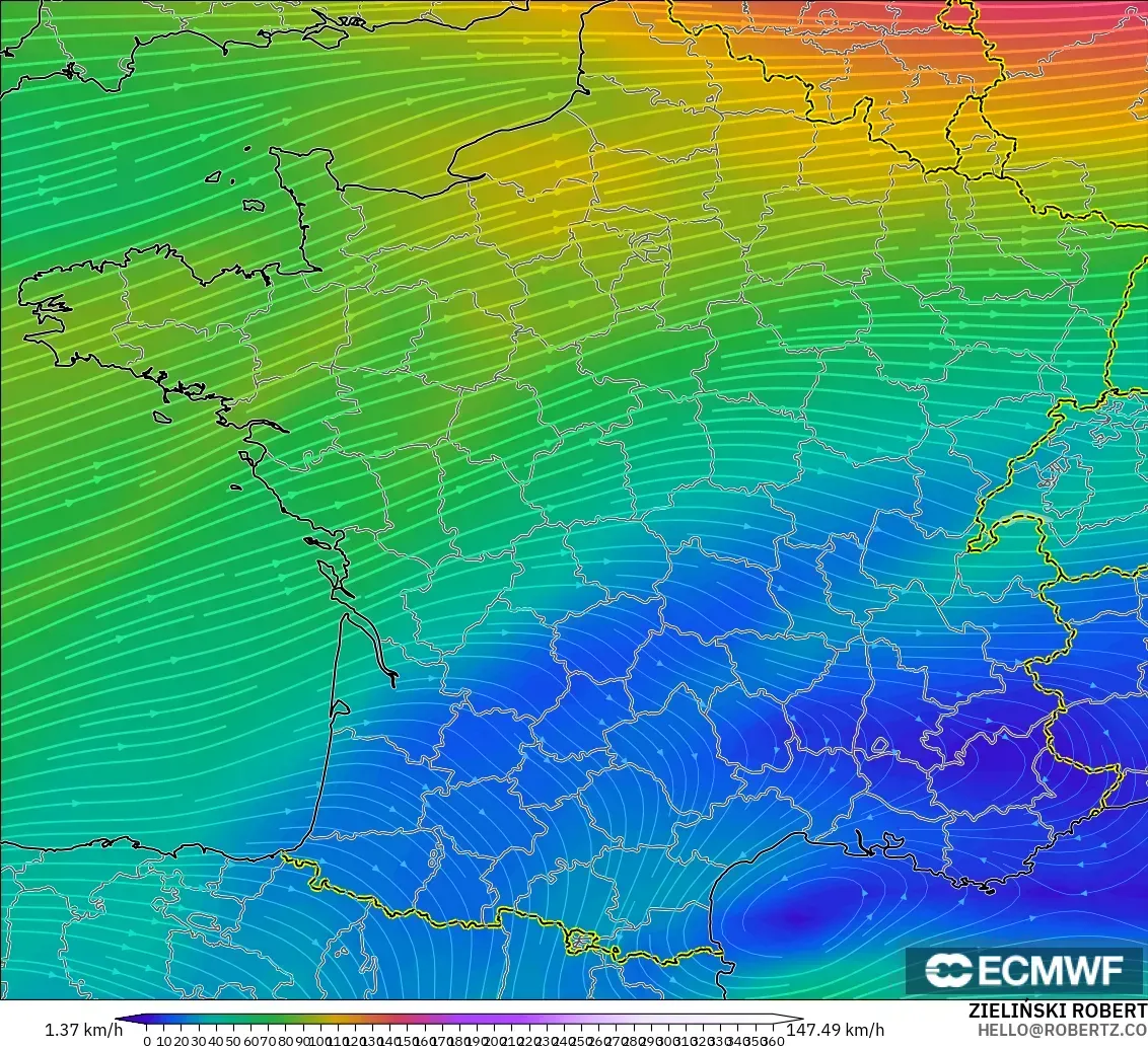 ECMWF IFS 0.25° modelo - Francia, Viento a 300 hPa (corriente en chorro)
