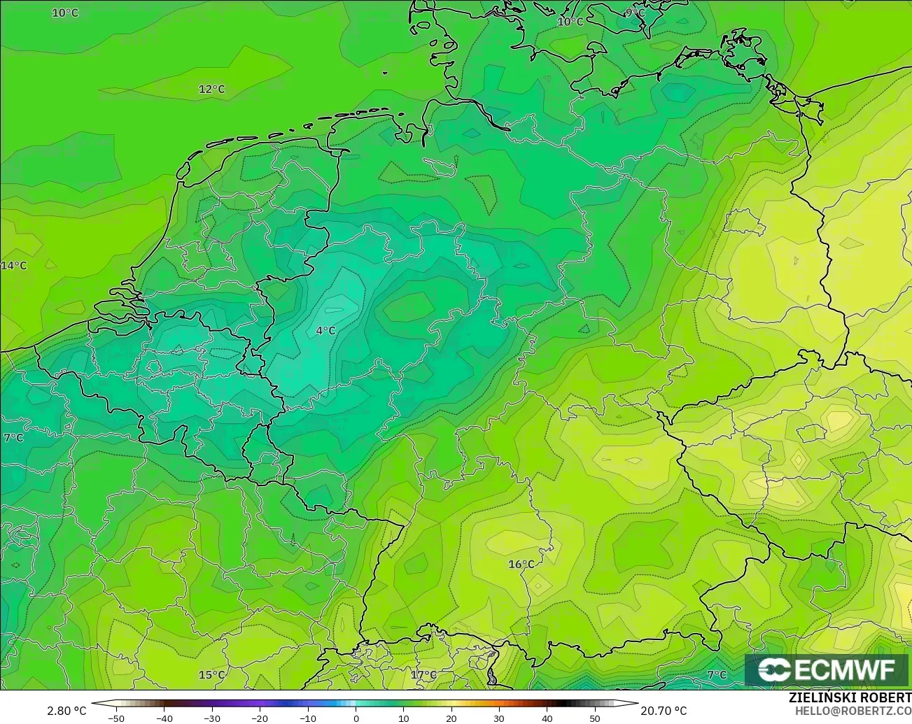 ECMWF IFS 0.25° modelo - Alemania, Punto de rocío a 2 m