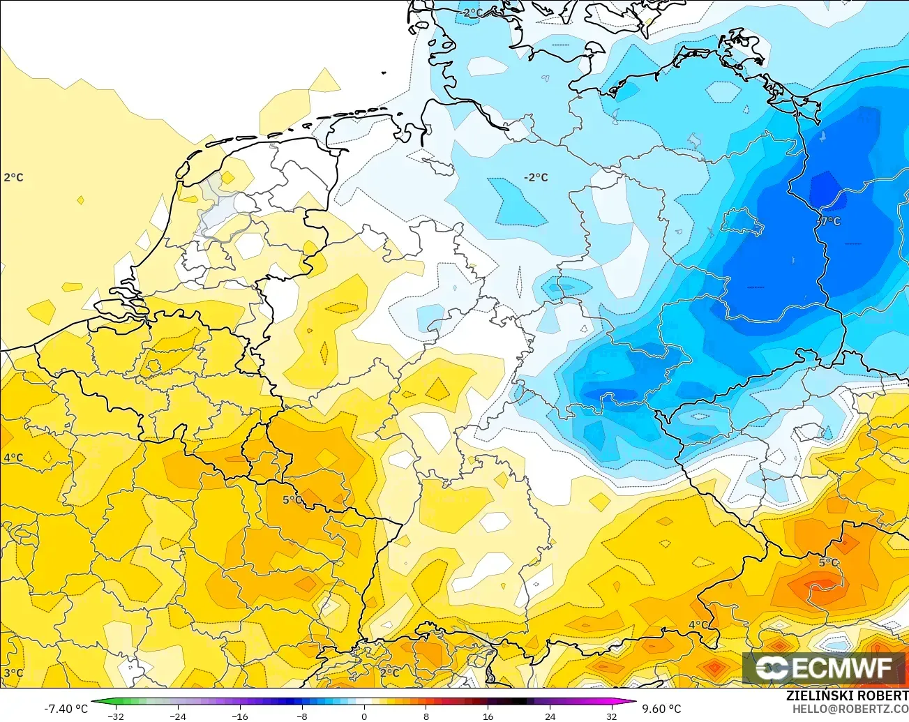 ECMWF IFS 0.25° modelo - Alemania, Anomalía de temperatura a 2 m