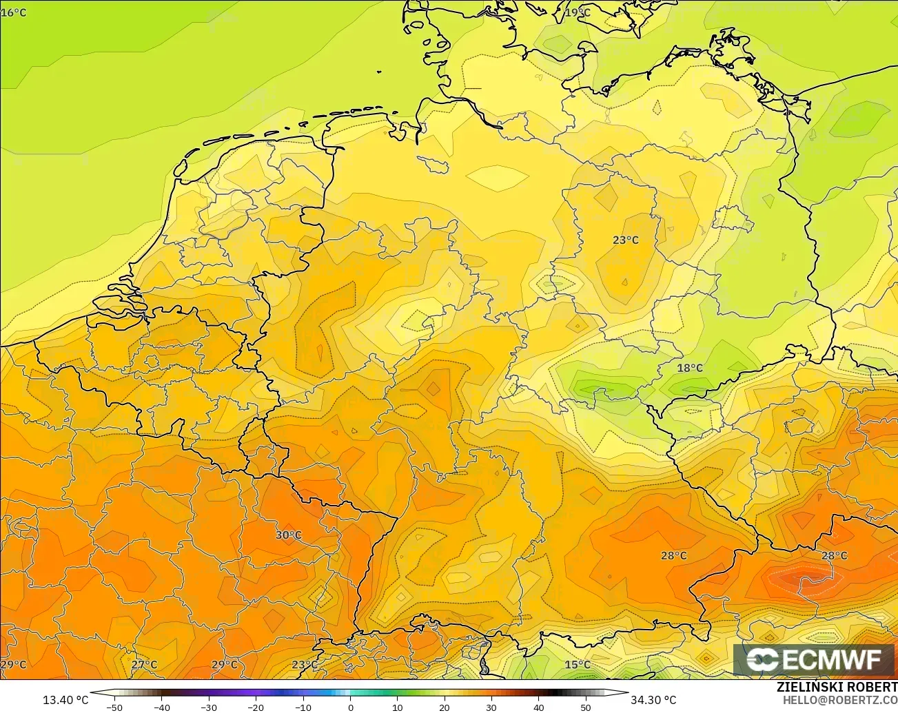 ECMWF IFS 0.25° modelo - Alemania, Temperatura a 2 m