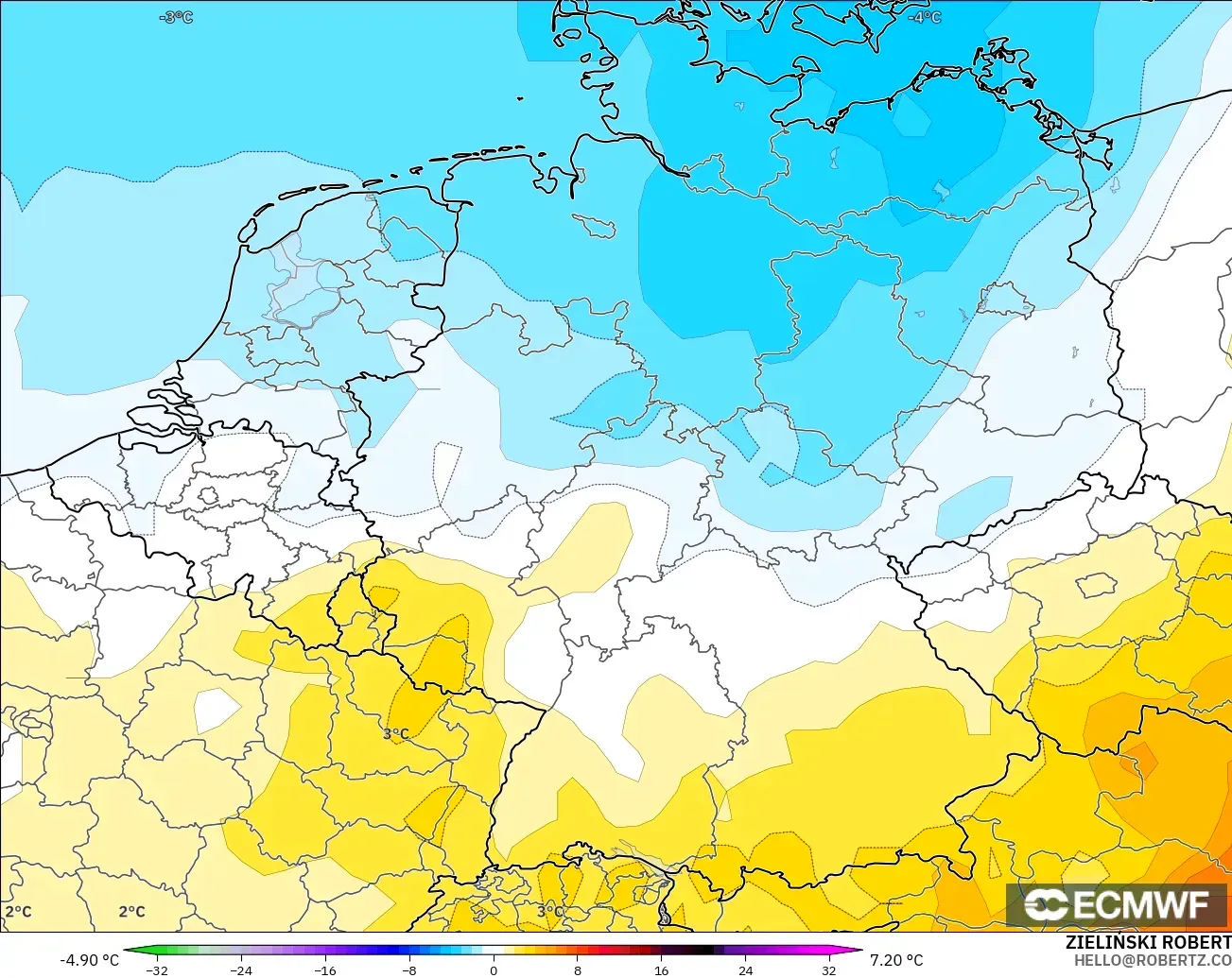 ECMWF IFS 0.25° modelo - Alemania, Anomalía de temperatura a 850 hPa