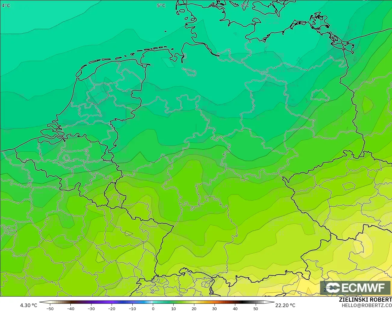 ECMWF IFS 0.25° modelo - Alemania, Temperatura a 850 hPa