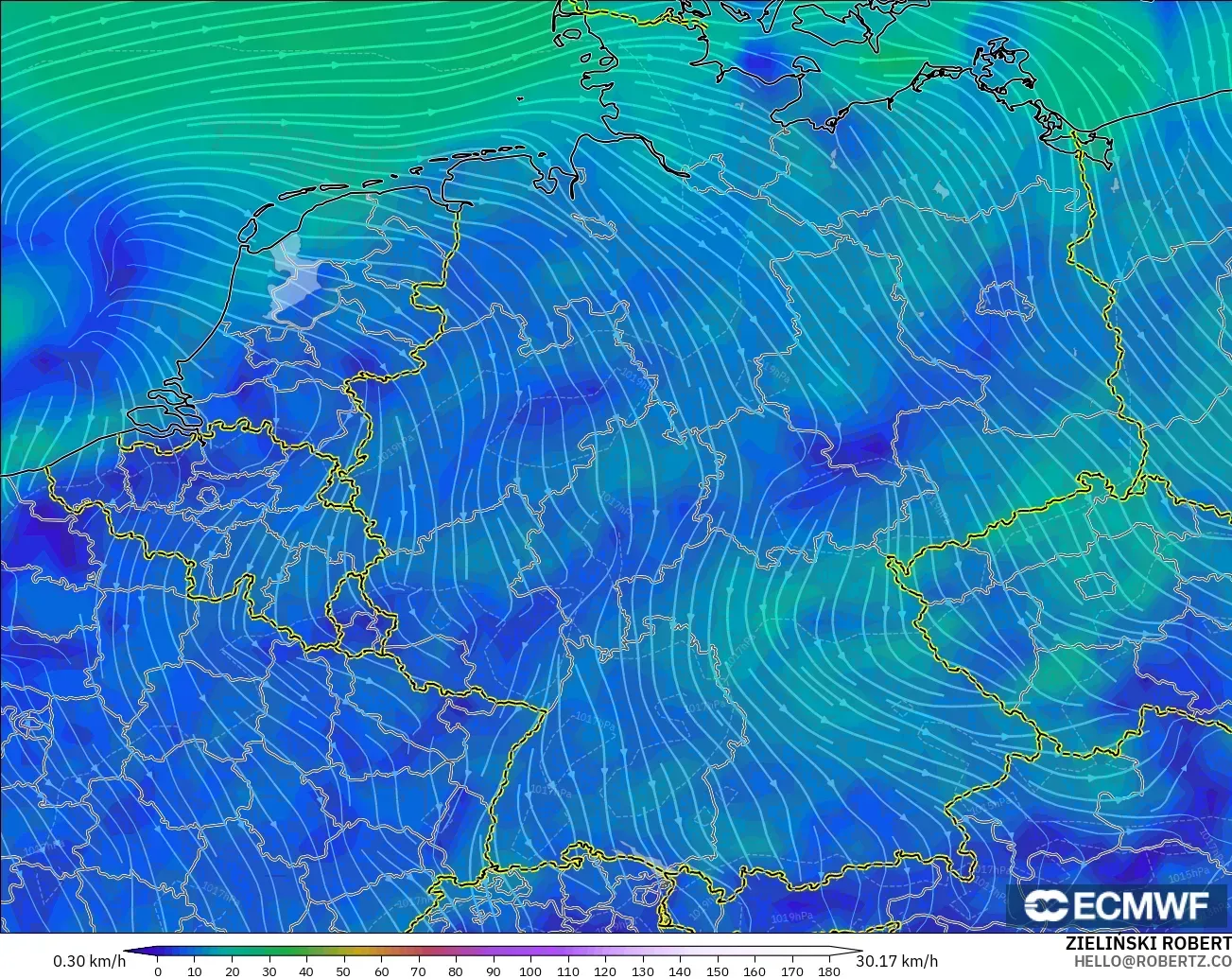 ECMWF IFS 0.25° modelo - Alemania, Viento a 10 m
