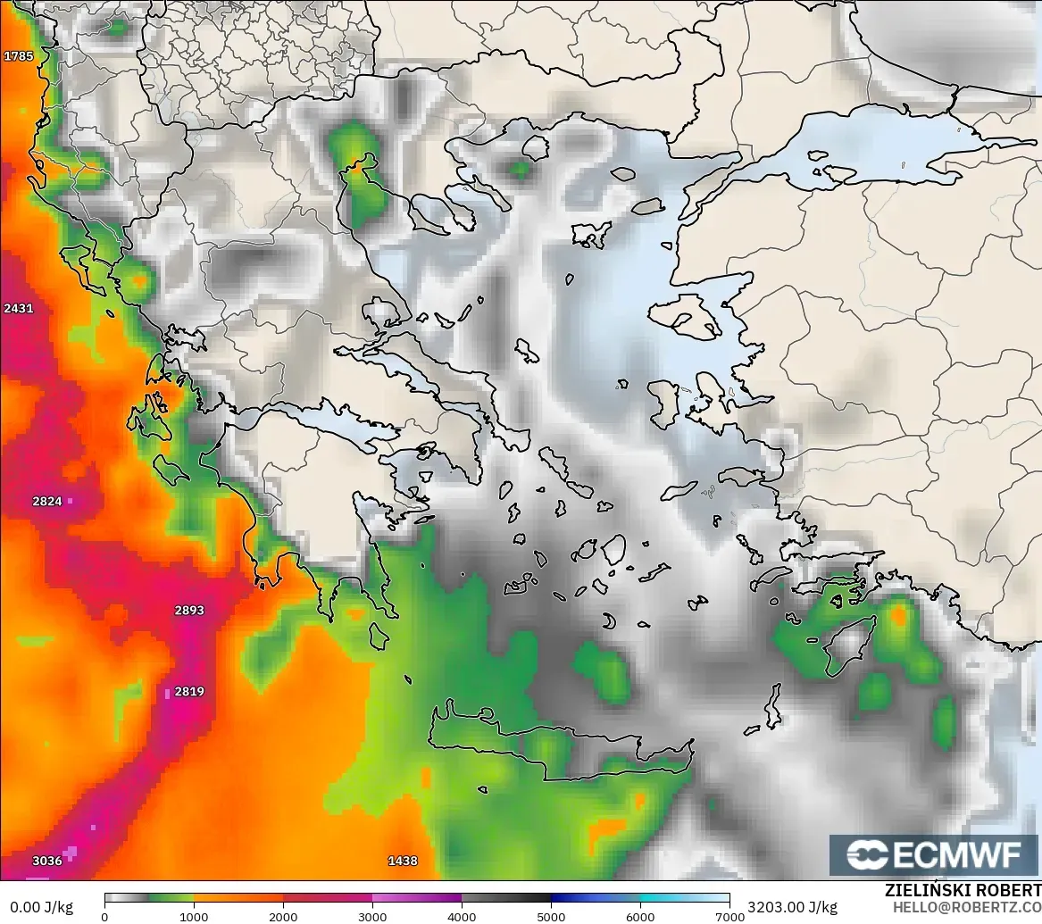 ECMWF IFS 0.25° modelo - Grecia, CAPE