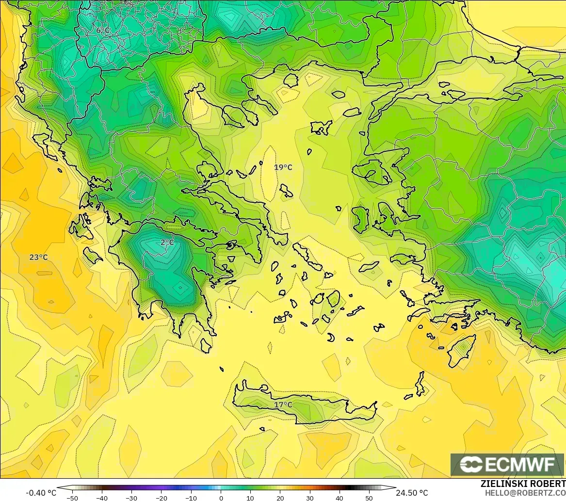 ECMWF IFS 0.25° modelo - Grecia, Punto de rocío a 2 m