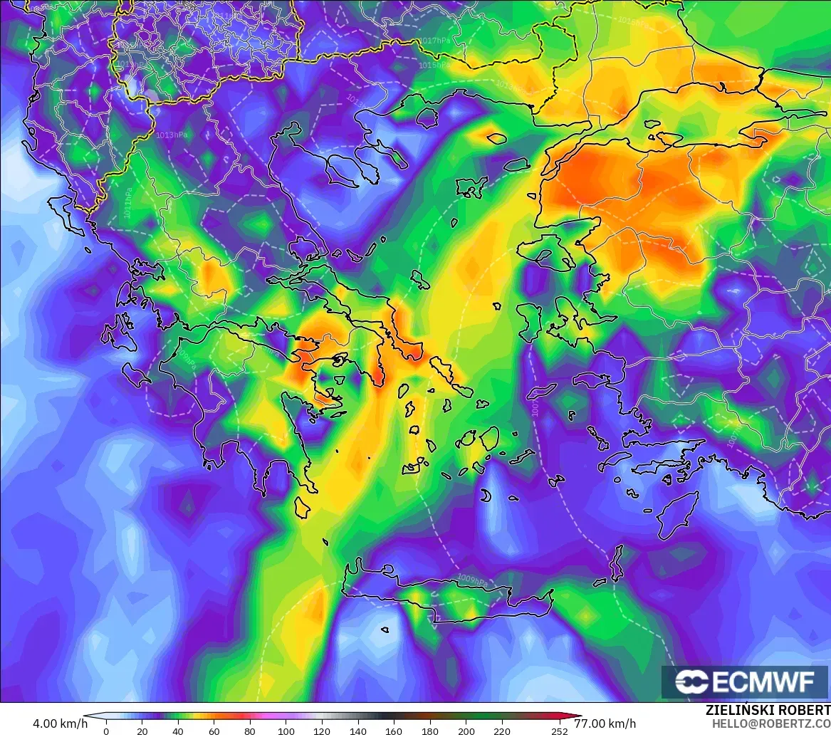 ECMWF IFS 0.25° modelo - Grecia, Ráfagas de Viento Máximas