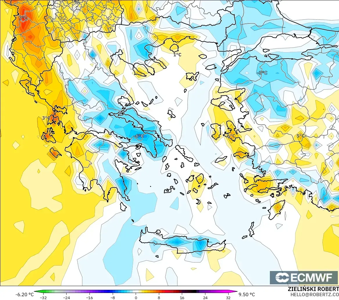 ECMWF IFS 0.25° modelo - Grecia, Anomalía de temperatura a 2 m