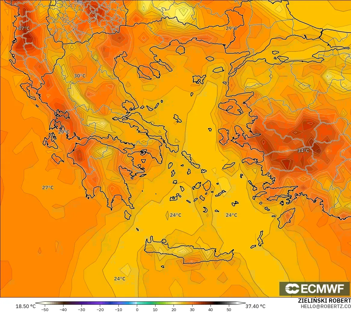 ECMWF IFS 0.25° modelo - Grecia, Temperatura a 2 m