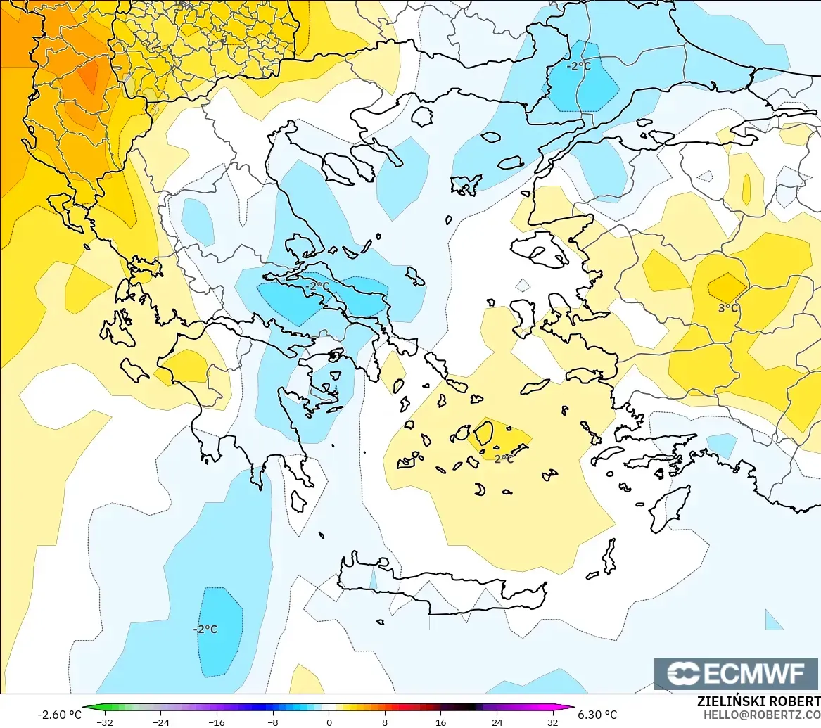 ECMWF IFS 0.25° modelo - Grecia, Anomalía de temperatura a 850 hPa