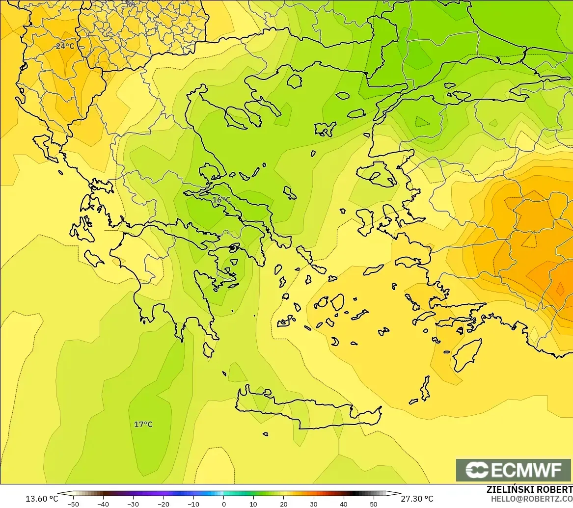 ECMWF IFS 0.25° modelo - Grecia, Temperatura a 850 hPa