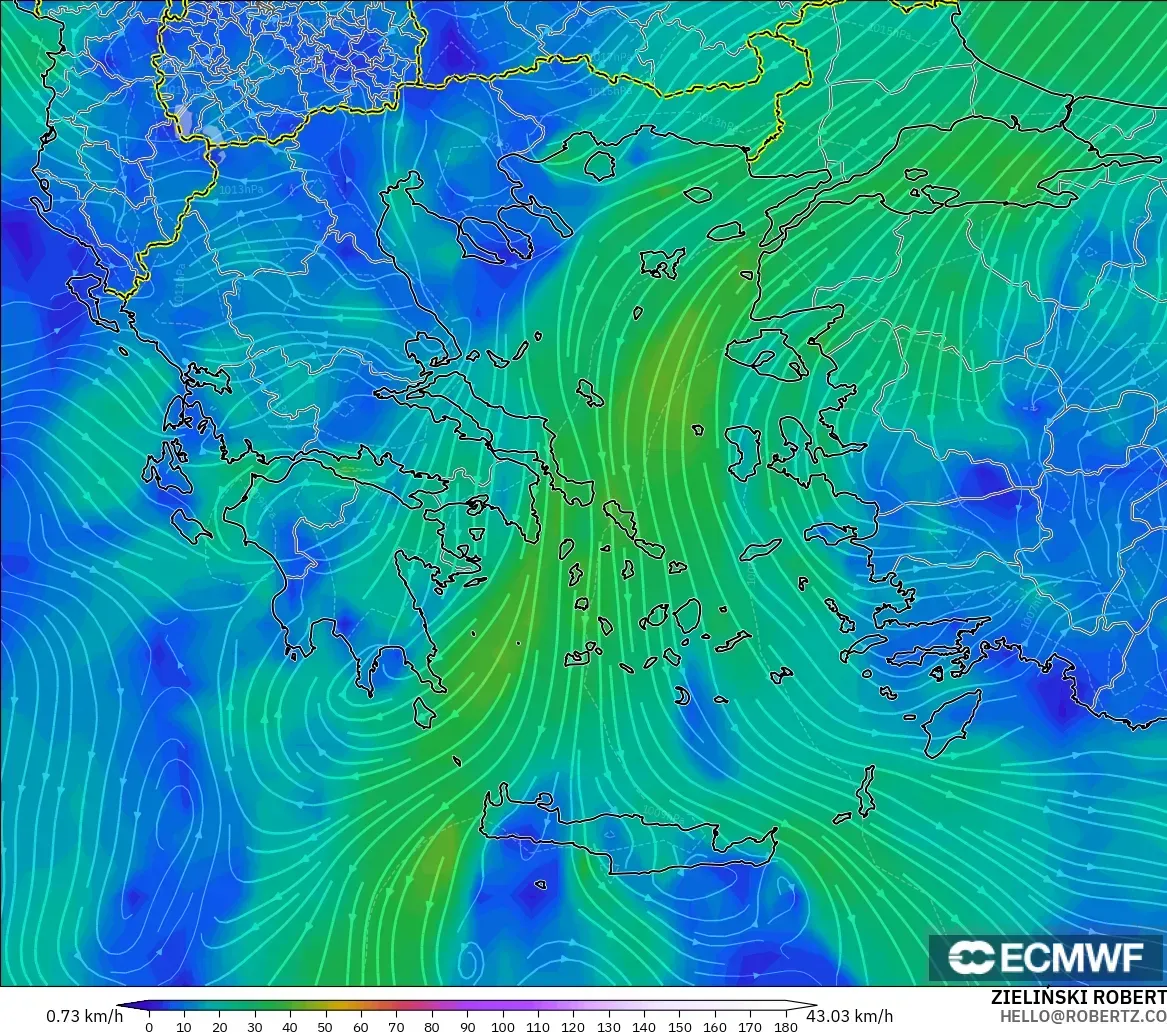 ECMWF IFS 0.25° modelo - Grecia, Viento a 10 m