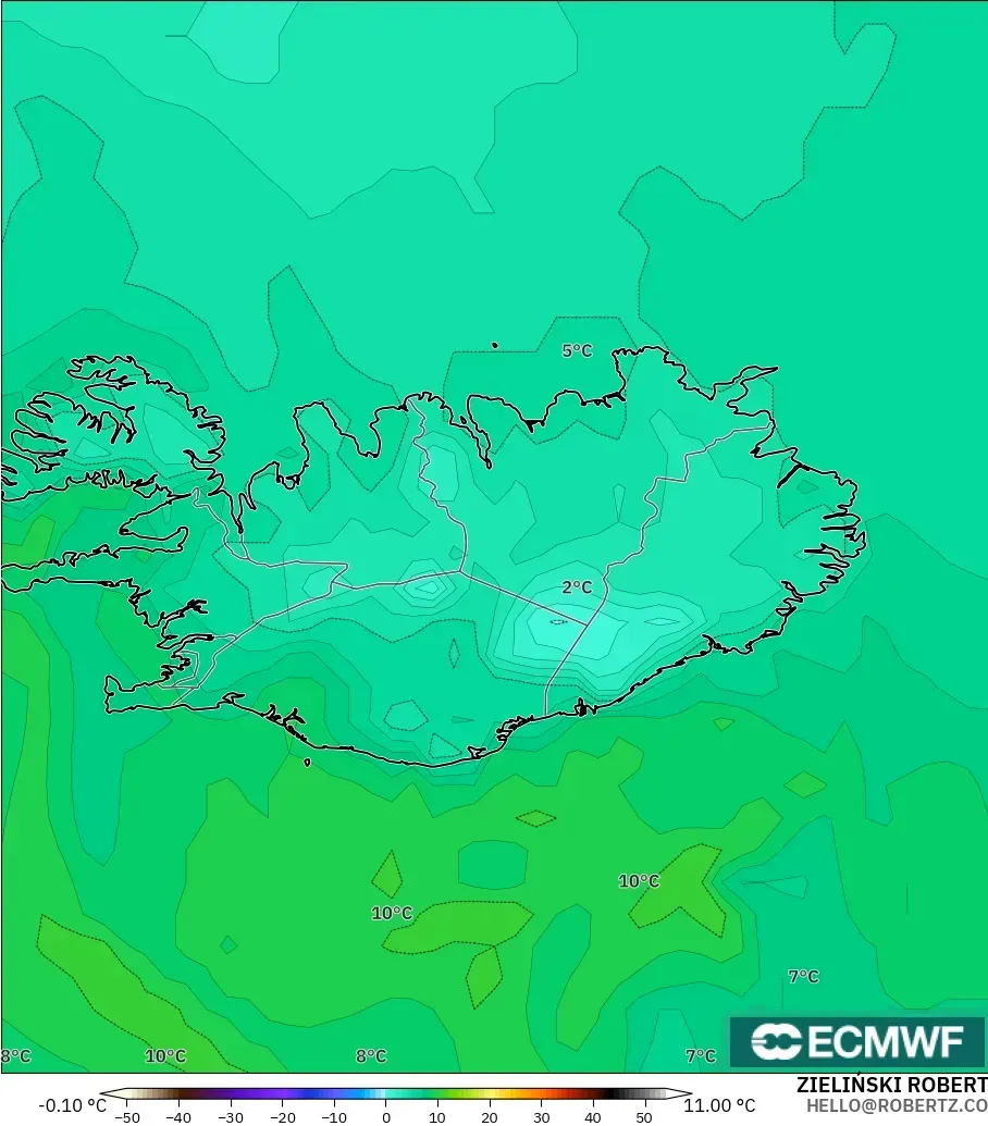 ECMWF IFS 0.25° modelo - Islandia, Punto de rocío a 2 m