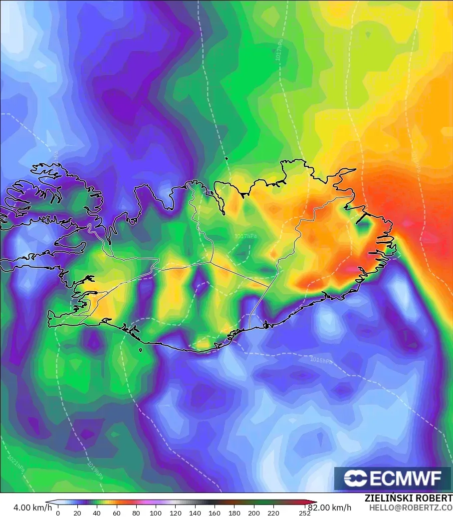 ECMWF IFS 0.25° modelo - Islandia, Ráfagas de viento