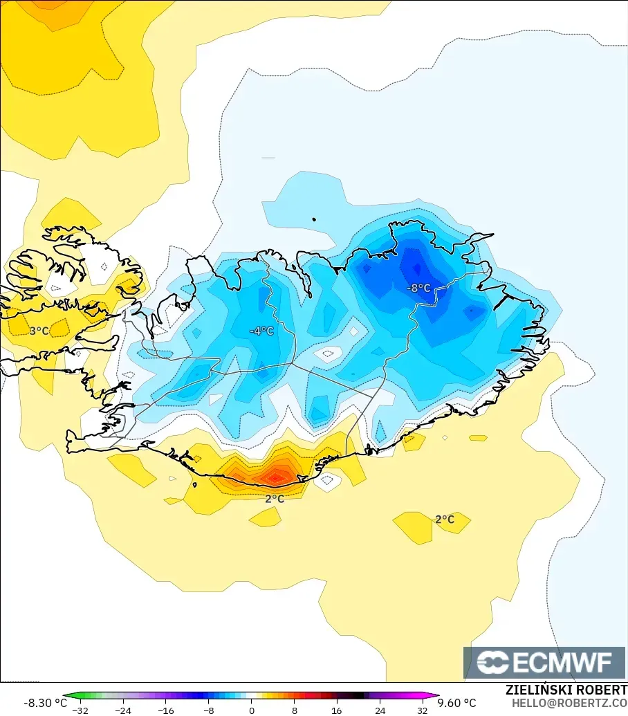 ECMWF IFS 0.25° modelo - Islandia, Anomalía de temperatura a 2 m