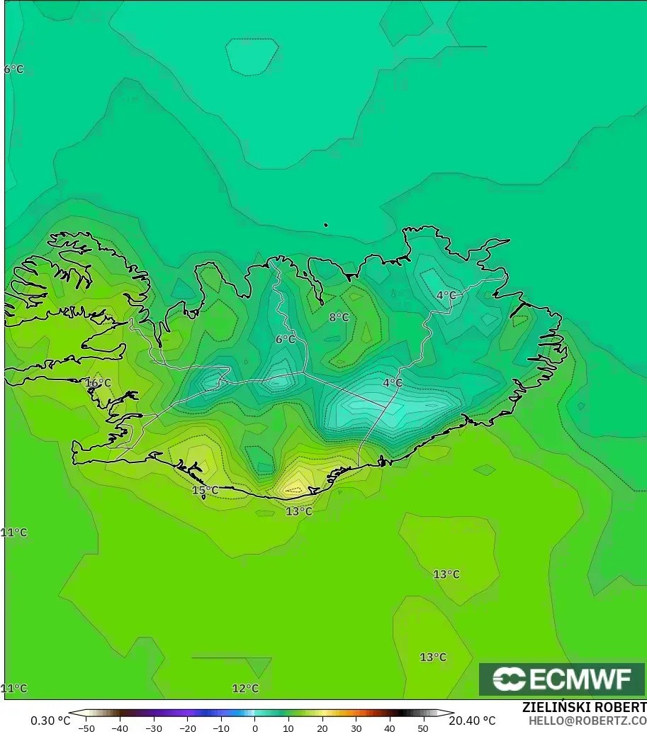 ECMWF IFS 0.25° modelo - Islandia, Temperatura a 2 m