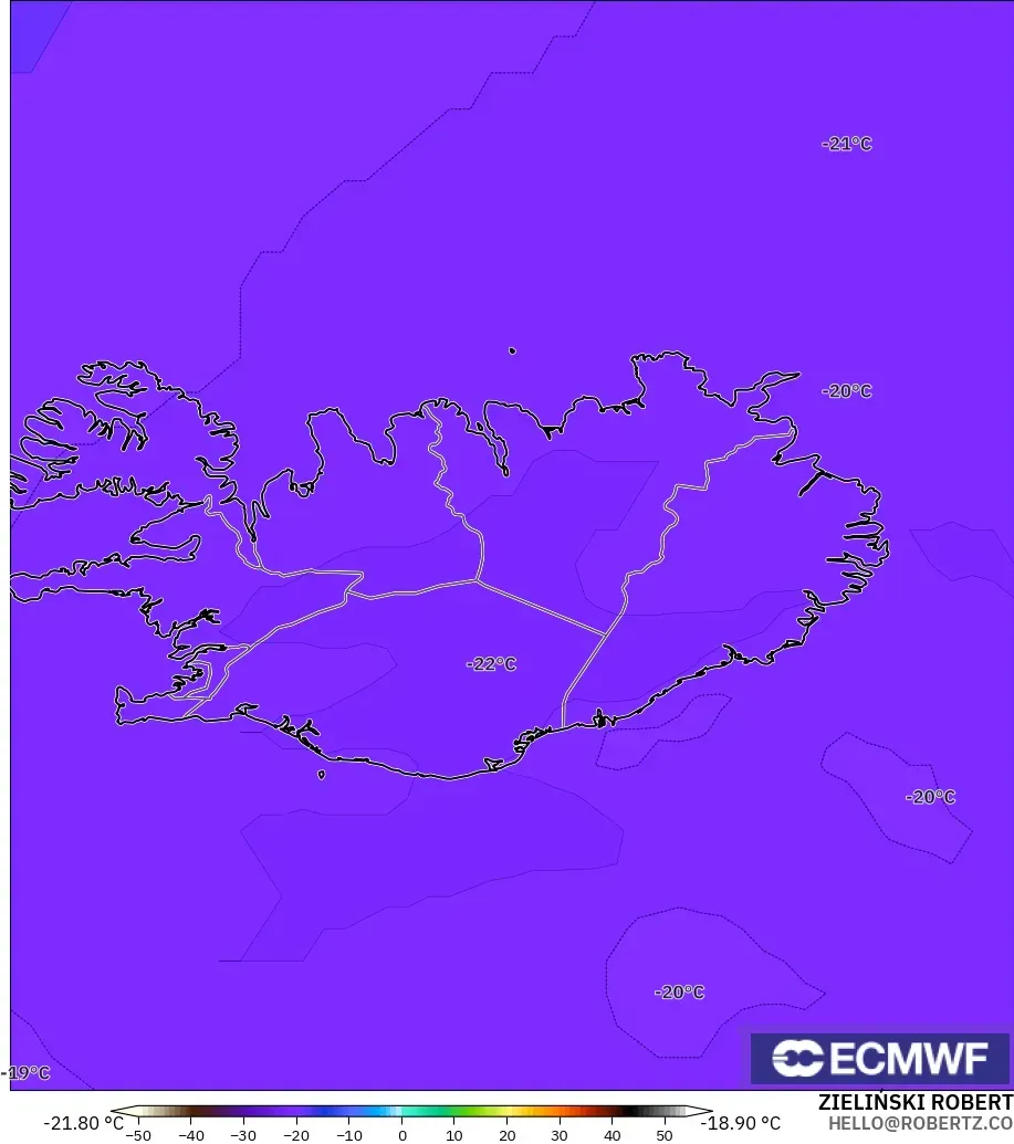 ECMWF IFS 0.25° modelo - Islandia, Temperatura a 500 hPa