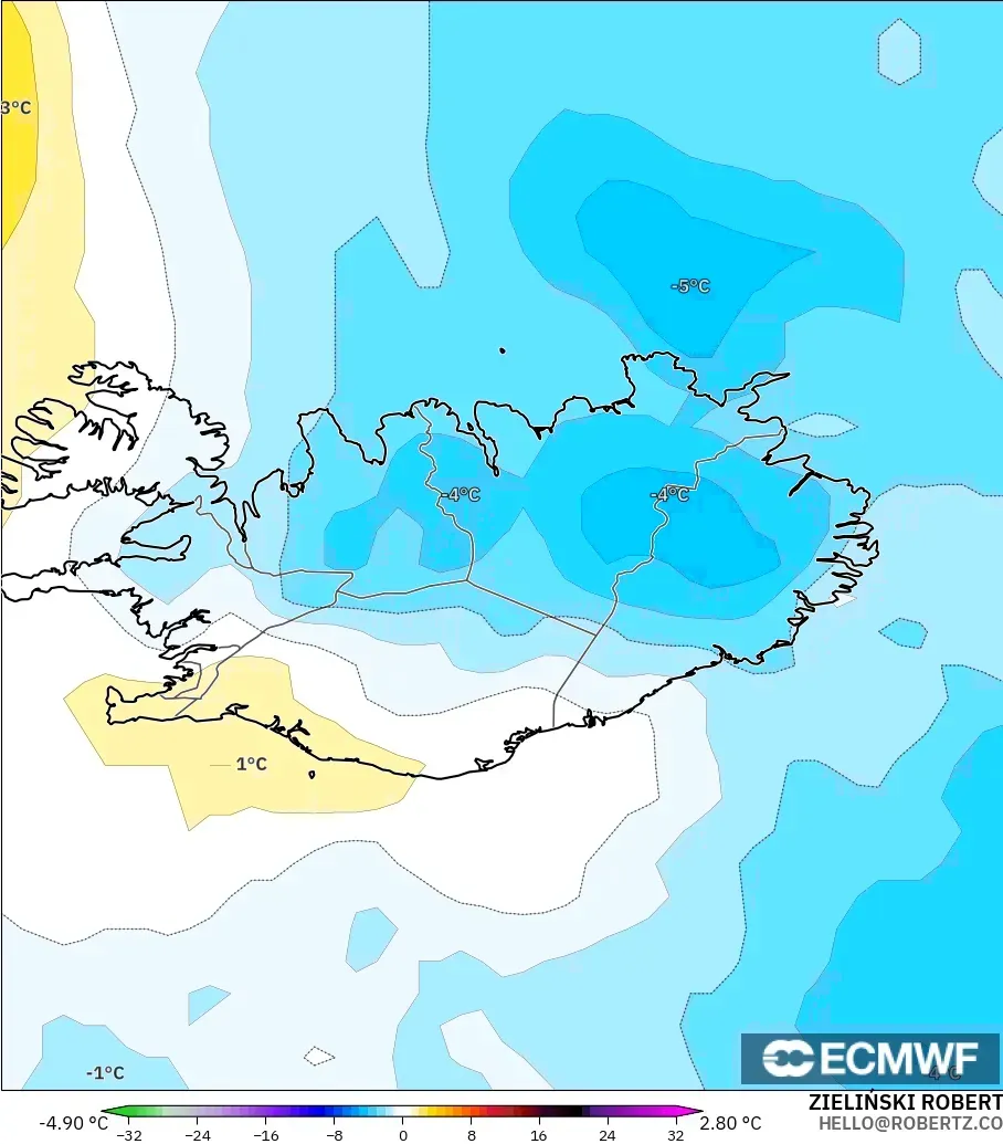 ECMWF IFS 0.25° modelo - Islandia, Anomalía de temperatura a 850 hPa