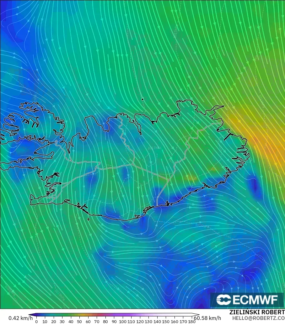 ECMWF IFS 0.25° modelo - Islandia, Viento a 10 m