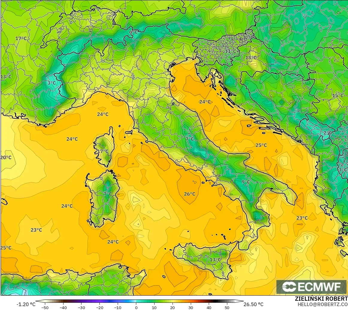 ECMWF IFS 0.25° modelo - Italia, Punto de rocío a 2 m