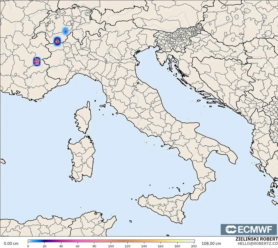 ECMWF IFS 0.25° modelo - Italia, Profundidad de nieve