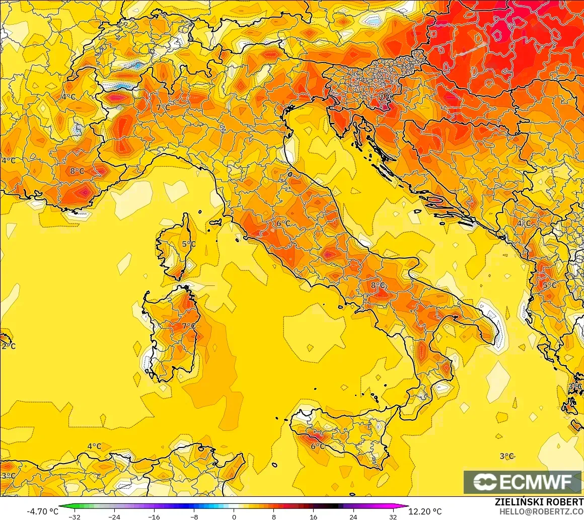 ECMWF IFS 0.25° modelo - Italia, Anomalía de temperatura a 2 m