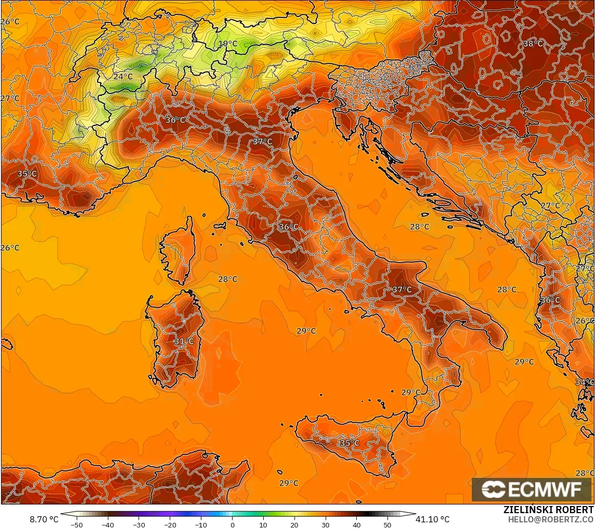 ECMWF IFS 0.25° modelo - Italia, Temperatura a 2 m