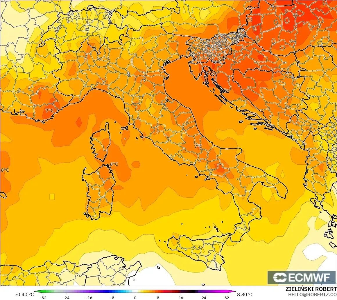 ECMWF IFS 0.25° modelo - Italia, Anomalía de temperatura a 850 hPa