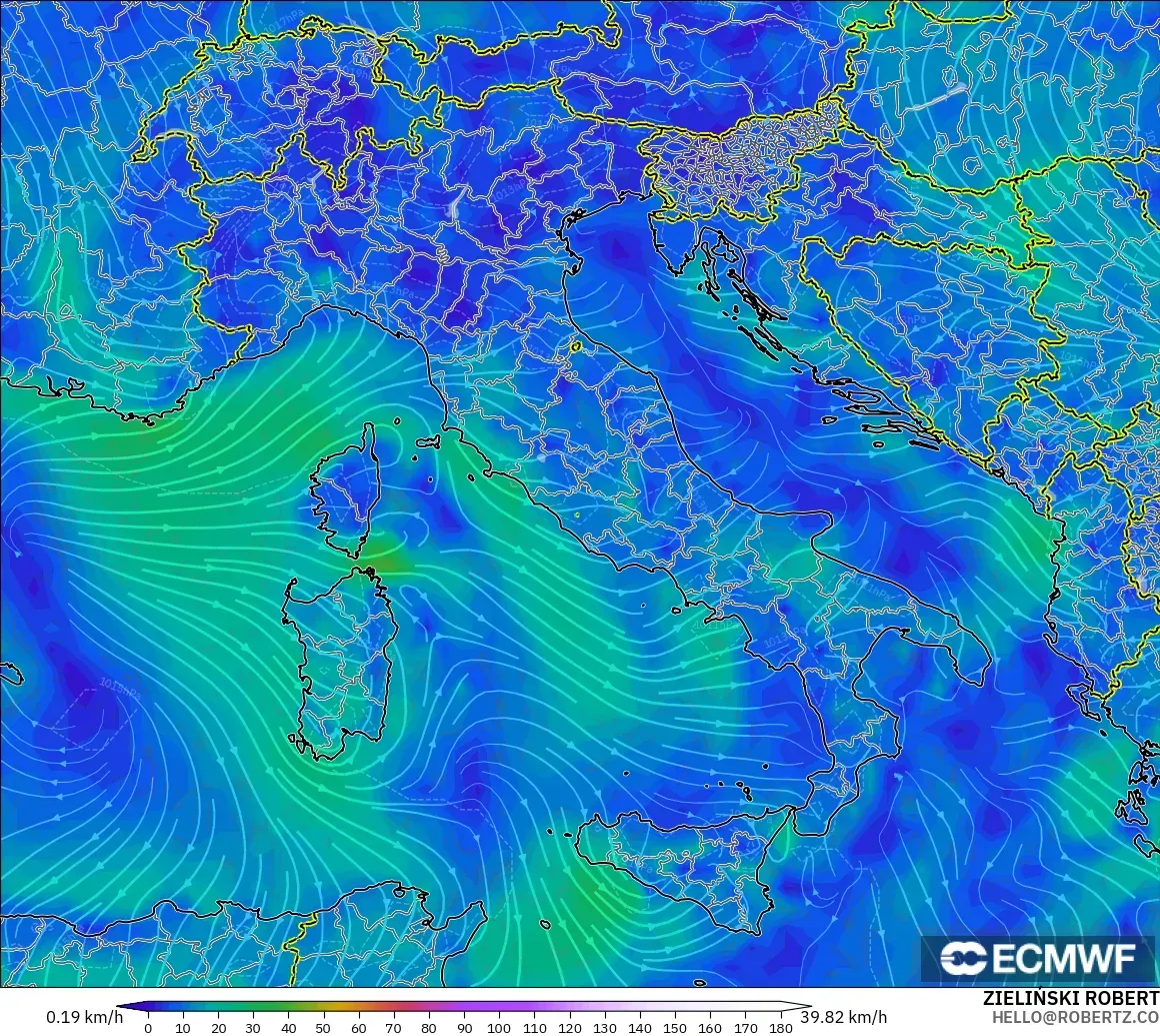 ECMWF IFS 0.25° modelo - Italia, Viento a 10 m
