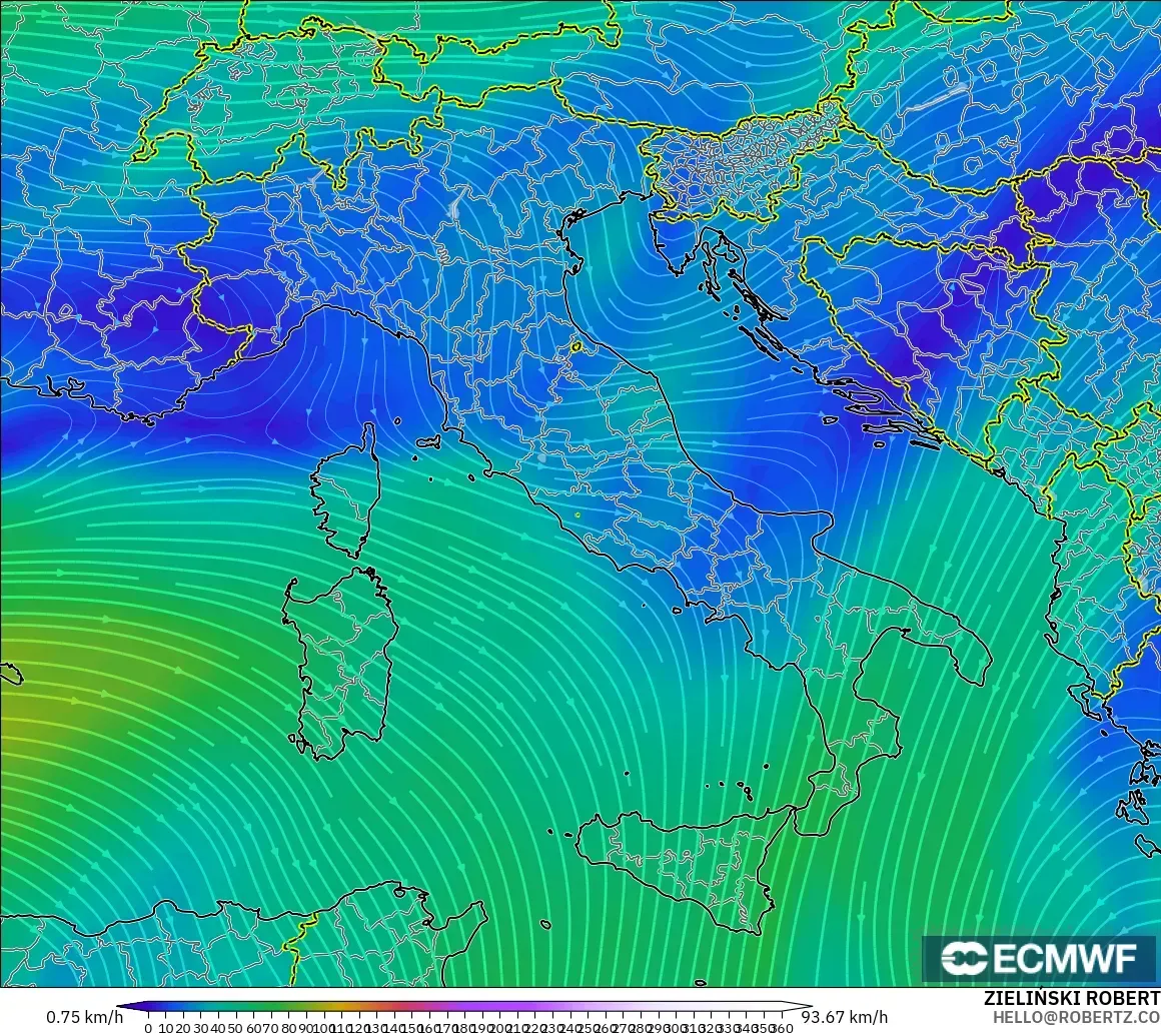 ECMWF IFS 0.25° modelo - Italia, Viento a 300 hPa (corriente en chorro)