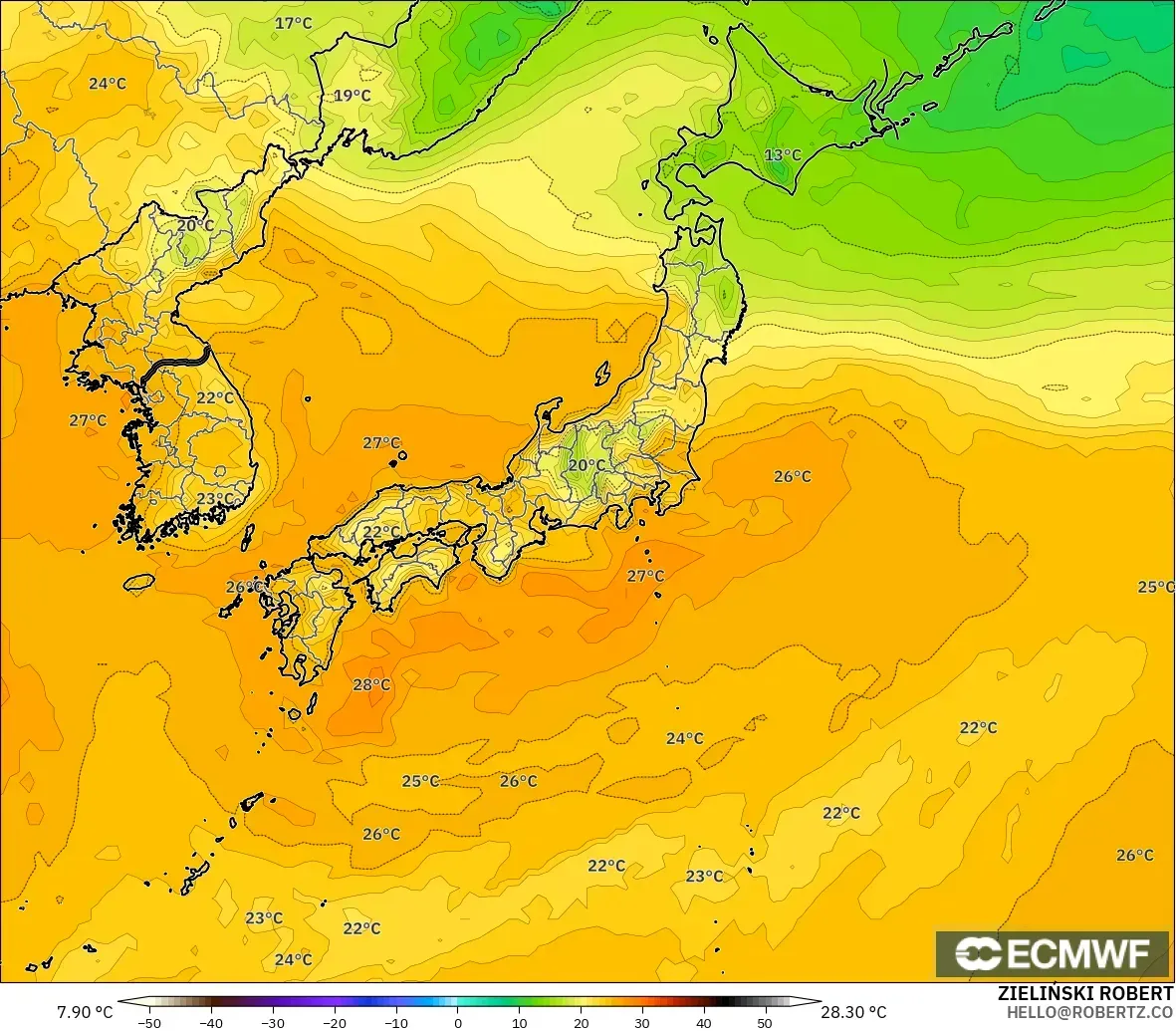 ECMWF IFS 0.25° modelo - Japón, Punto de rocío a 2 m