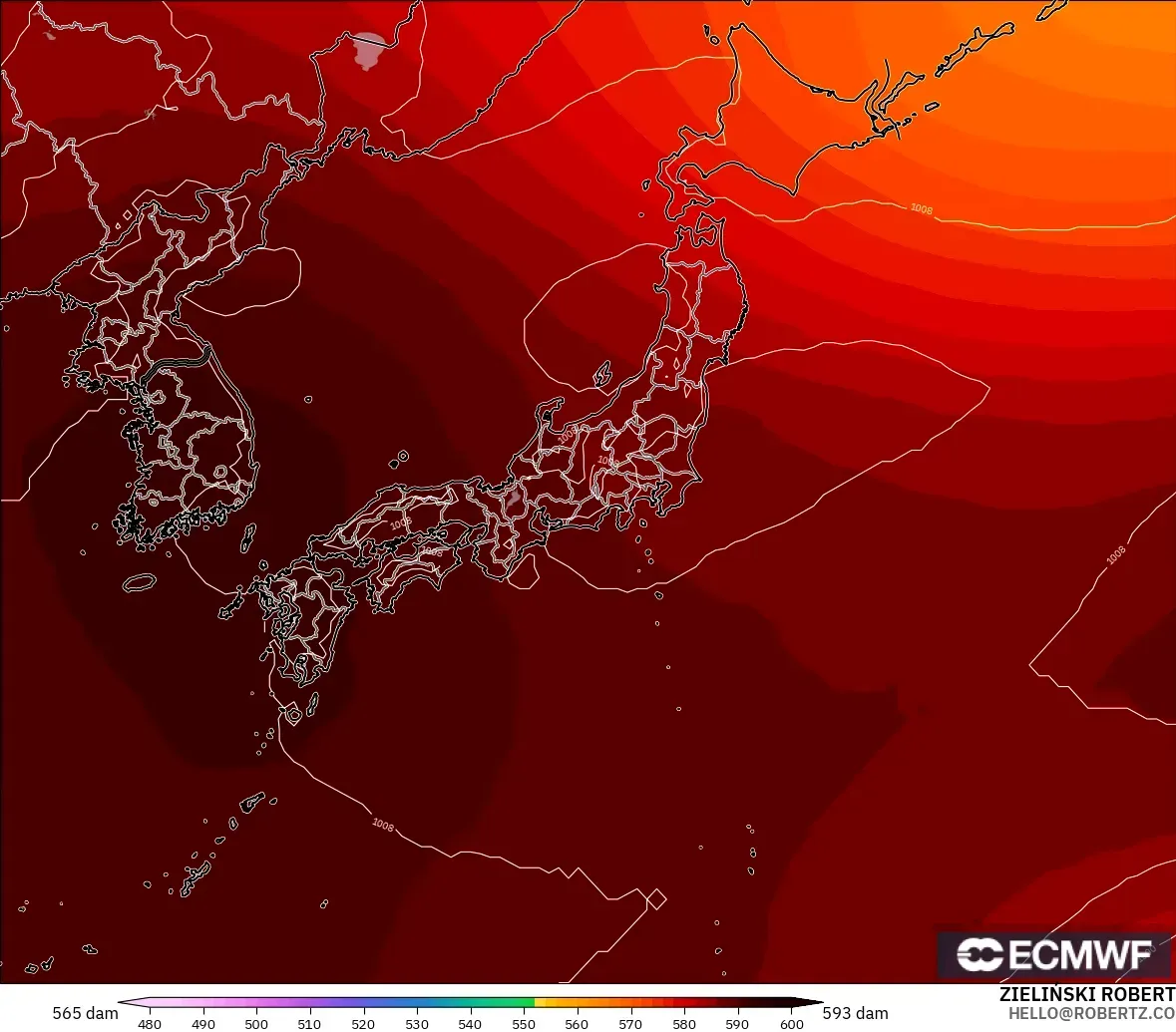 ECMWF IFS 0.25° modelo - Japón, Altura geopotencial a 500 hPa