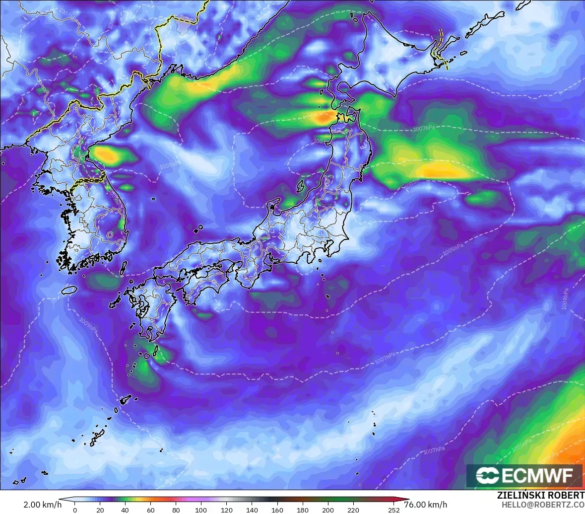 ECMWF IFS 0.25° modelo - Japón, Ráfagas de viento