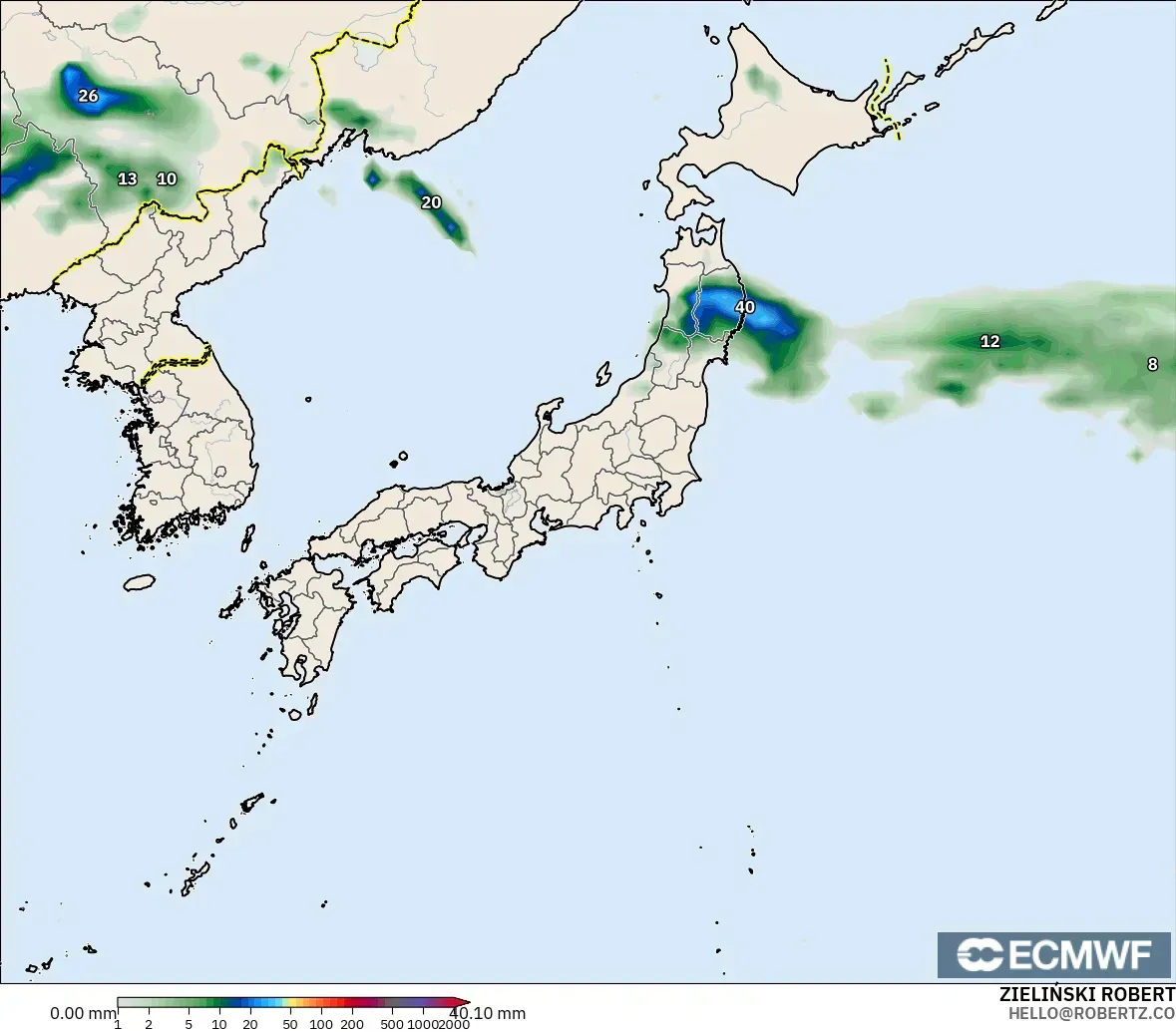 ECMWF IFS 0.25° modelo - Japón, Acumulación de precipitación