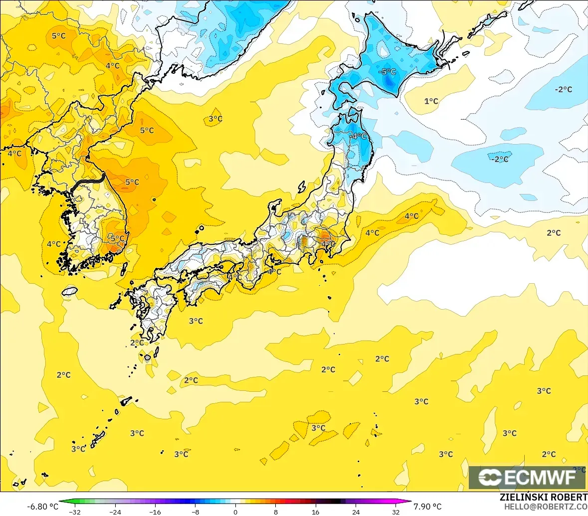 ECMWF IFS 0.25° modelo - Japón, Anomalía de temperatura a 2 m