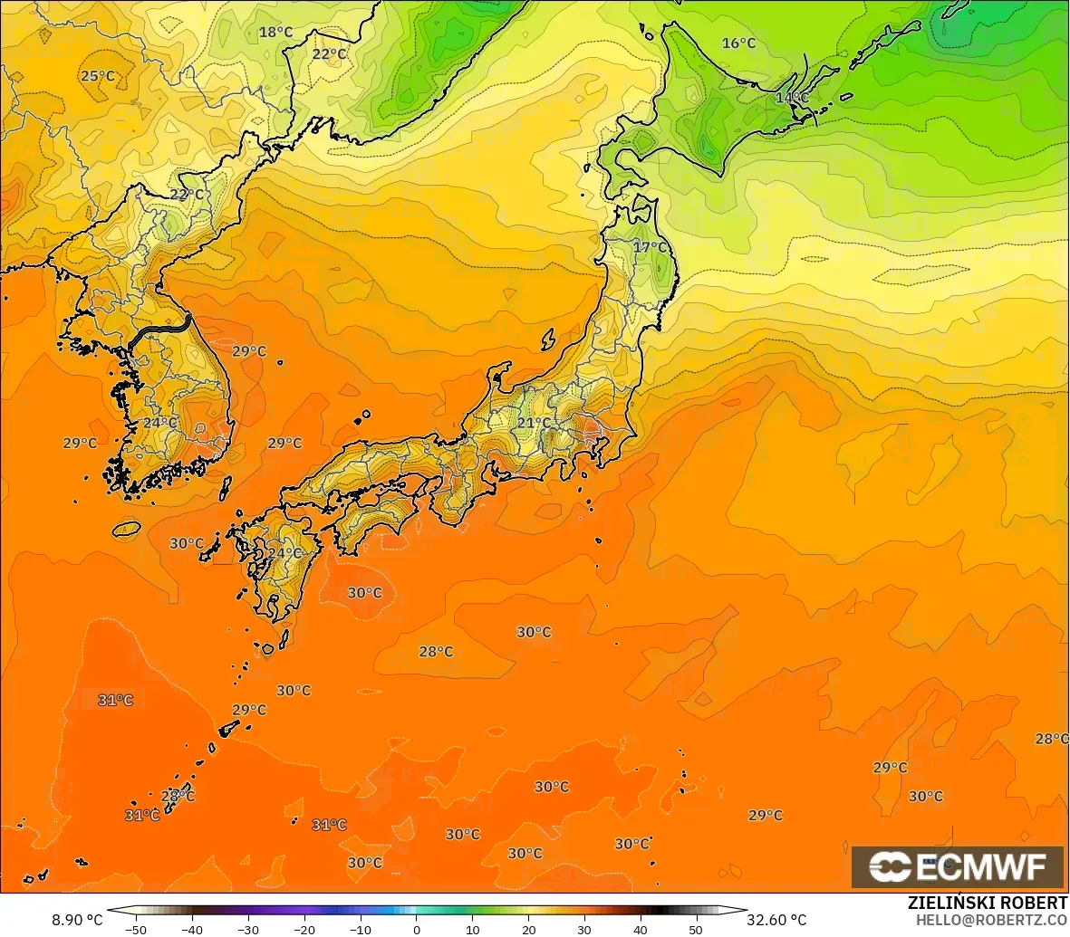ECMWF IFS 0.25° modelo - Japón, Temperatura a 2 m