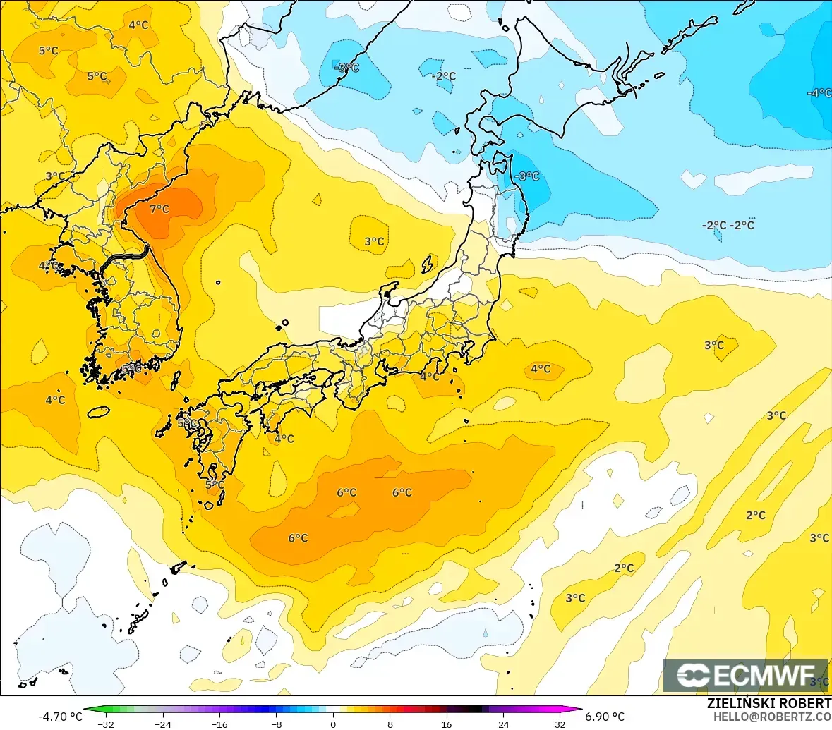ECMWF IFS 0.25° modelo - Japón, Anomalía de temperatura a 850 hPa