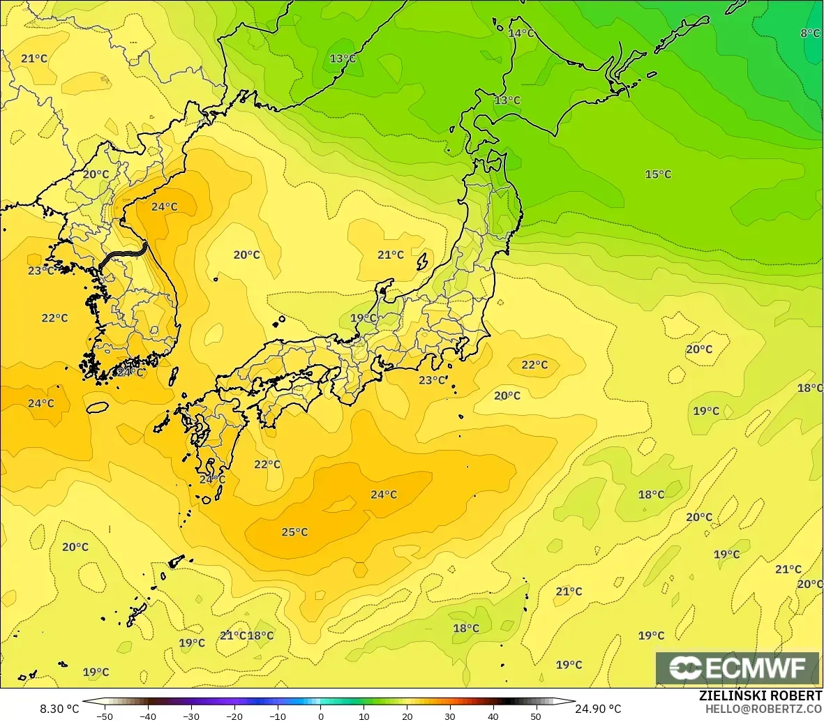 ECMWF IFS 0.25° modelo - Japón, Temperatura a 850 hPa