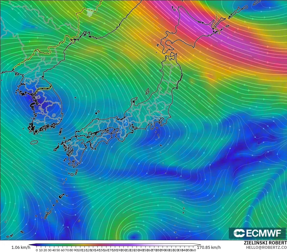 ECMWF IFS 0.25° modelo - Japón, Viento a 300 hPa (corriente en chorro)
