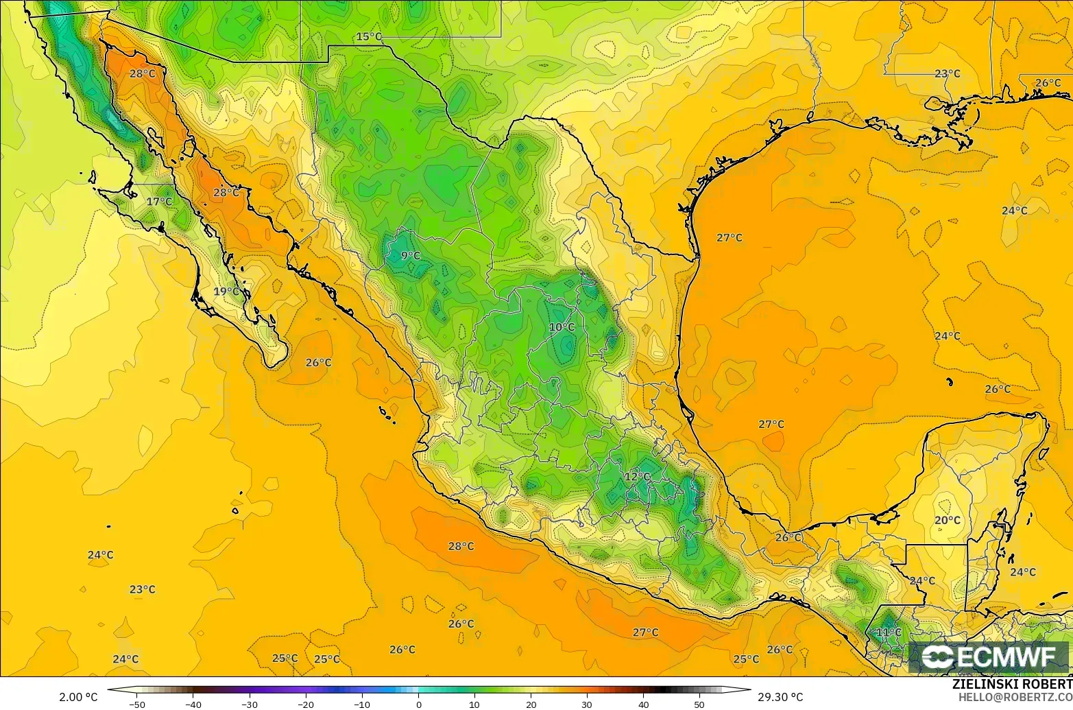 ECMWF IFS 0.25° modelo - México, Punto de rocío a 2 m