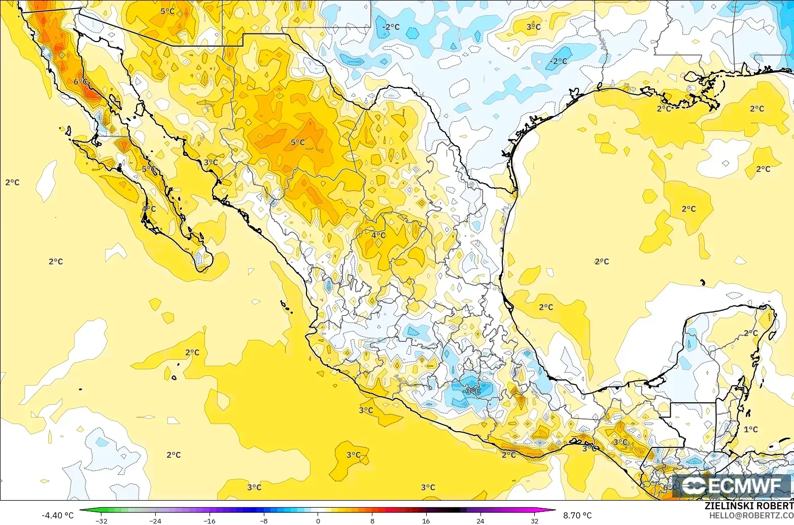 ECMWF IFS 0.25° modelo - México, Anomalía de temperatura a 2 m