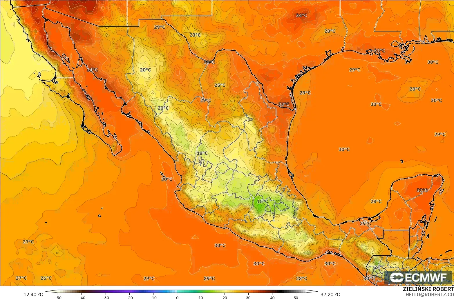 ECMWF IFS 0.25° modelo - México, Temperatura a 2 m