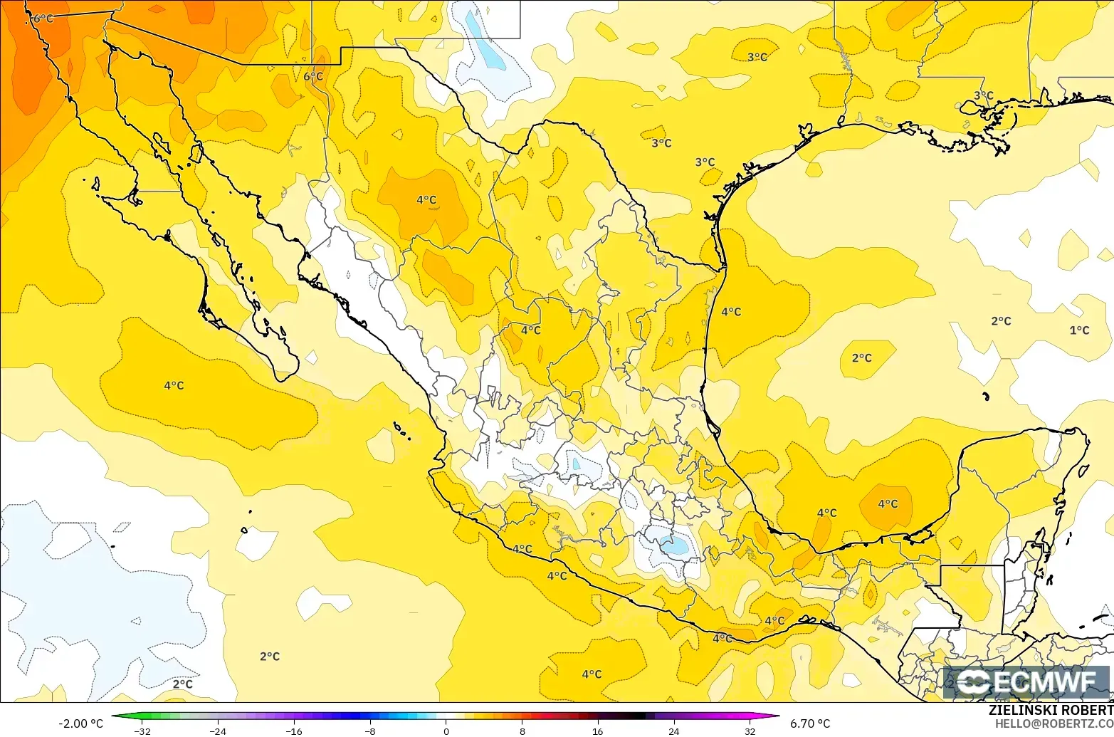 ECMWF IFS 0.25° modelo - México, Anomalía de temperatura a 850 hPa