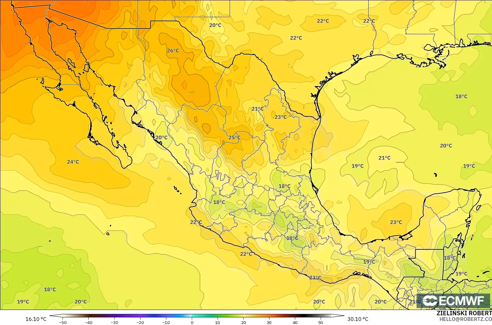 ECMWF IFS 0.25° modelo - México, Temperatura a 850 hPa