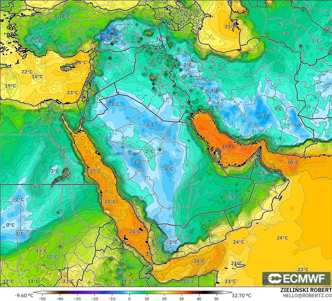 ECMWF IFS 0.25° modelo - Oriente Medio, Punto de rocío a 2 m