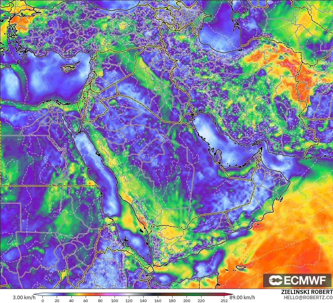 ECMWF IFS 0.25° modelo - Oriente Medio, Ráfagas de viento