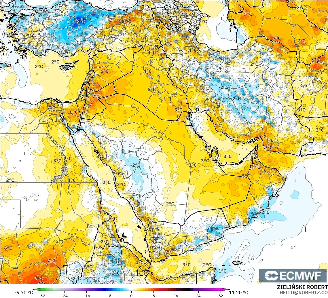 ECMWF IFS 0.25° modelo - Oriente Medio, Anomalía de temperatura a 2 m